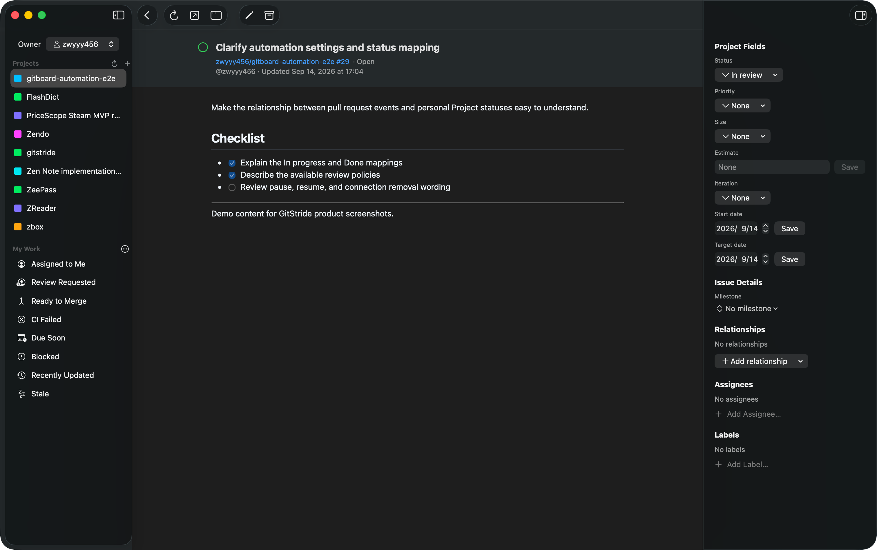 GitStride issue detail in English, showing the title, description, checklist, and project fields with an In review status.