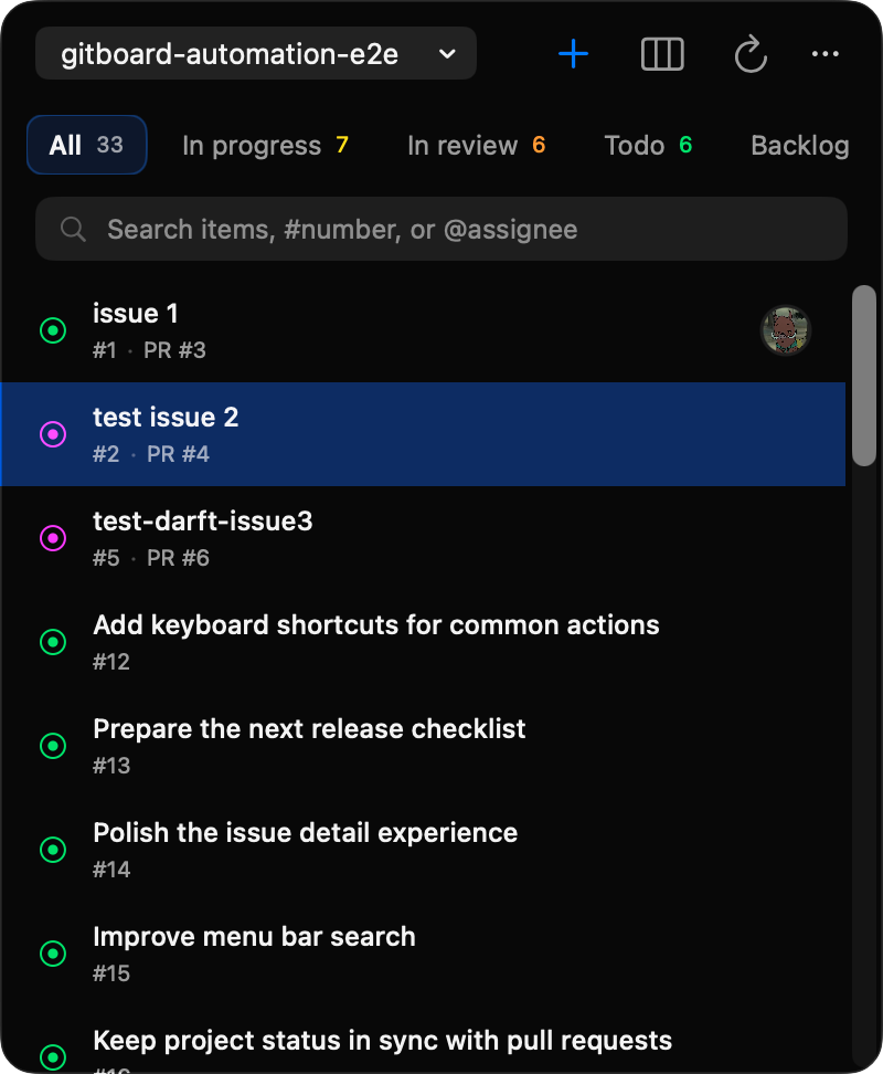 GitStride menu bar popover in English, showing the project picker, status filters, search field, and issue list.