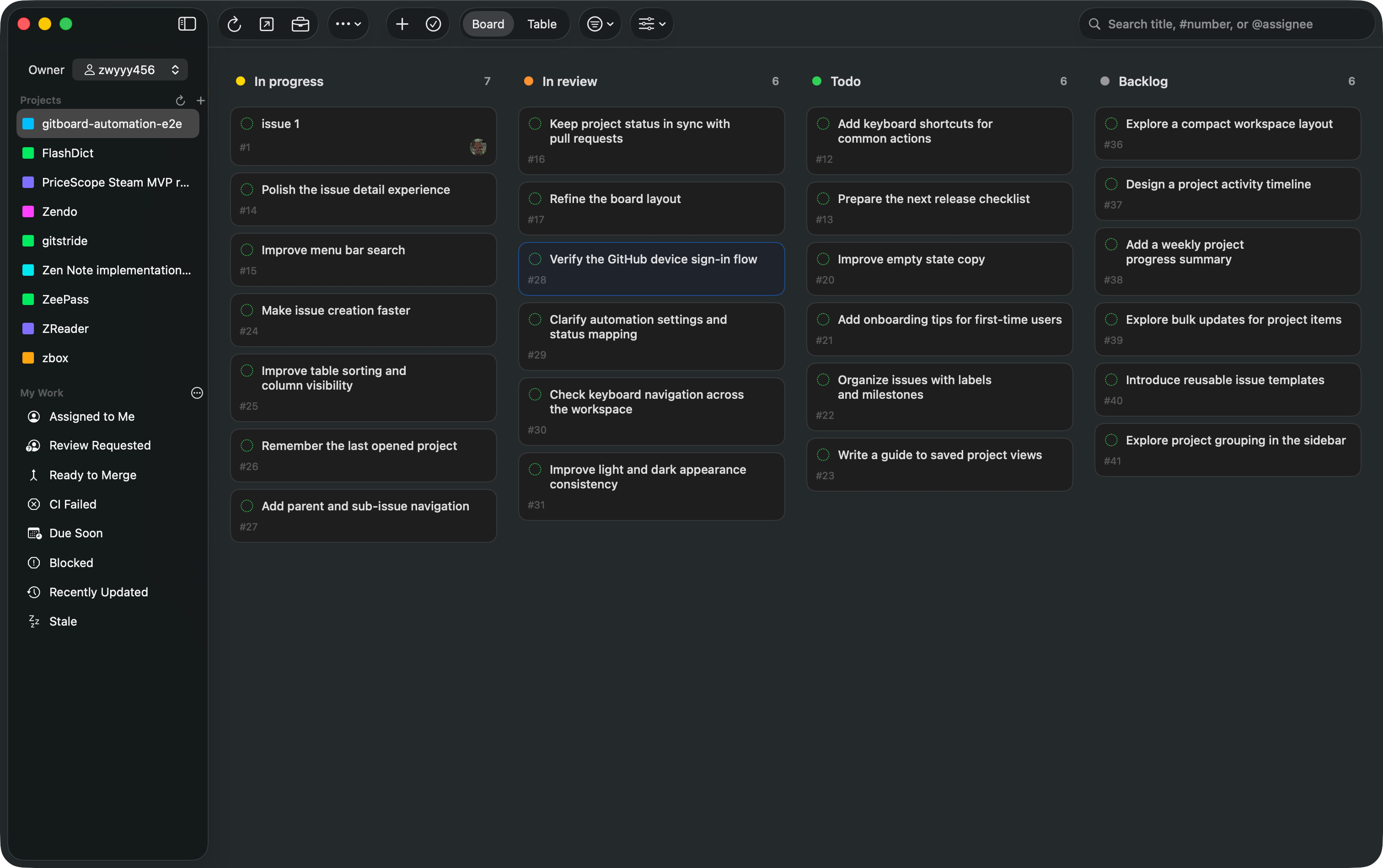 GitStride in English, showing the project sidebar and a board with In progress, In review, Todo, and Backlog columns.